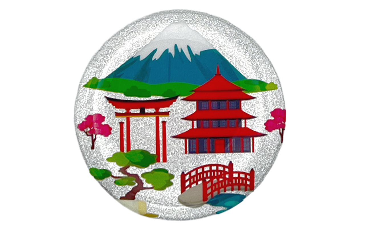 和風缶バッチ（鳥居赤富士景色）