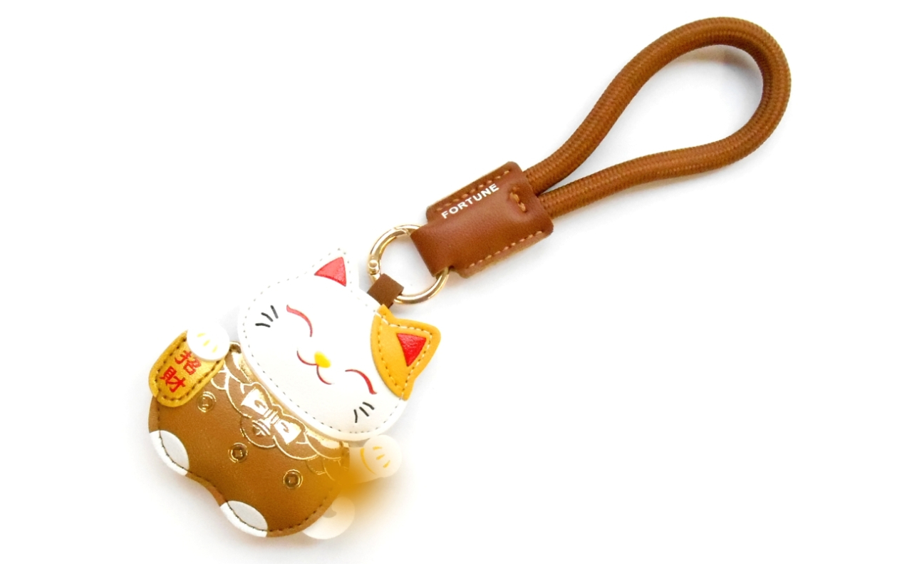 招き猫レザーキーホルダー（茶）