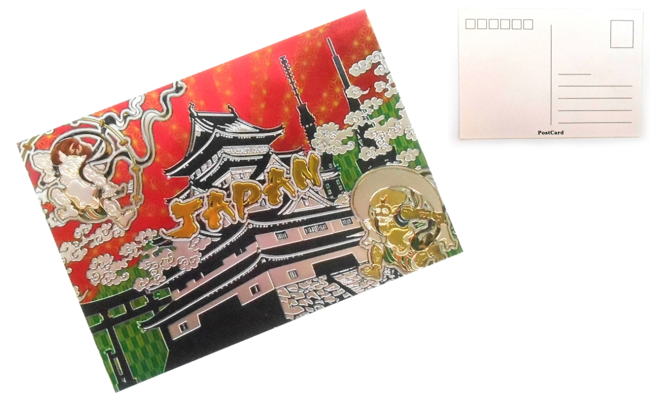 エッチングポストカード（風神雷神と建物）